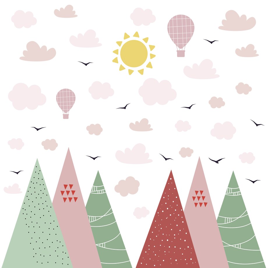 NAKLEJKI ŚCIENNE DLA DZIECI GÓRY STYL BOHO CHMURKI BALONY PTAKI ZESTAW