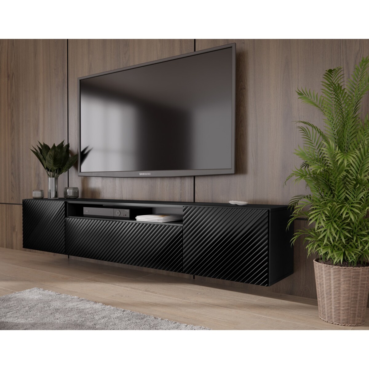 Szafka RTV NIKOL 200 cm, wisząca pod telewizor, frezowane fronty- czarna