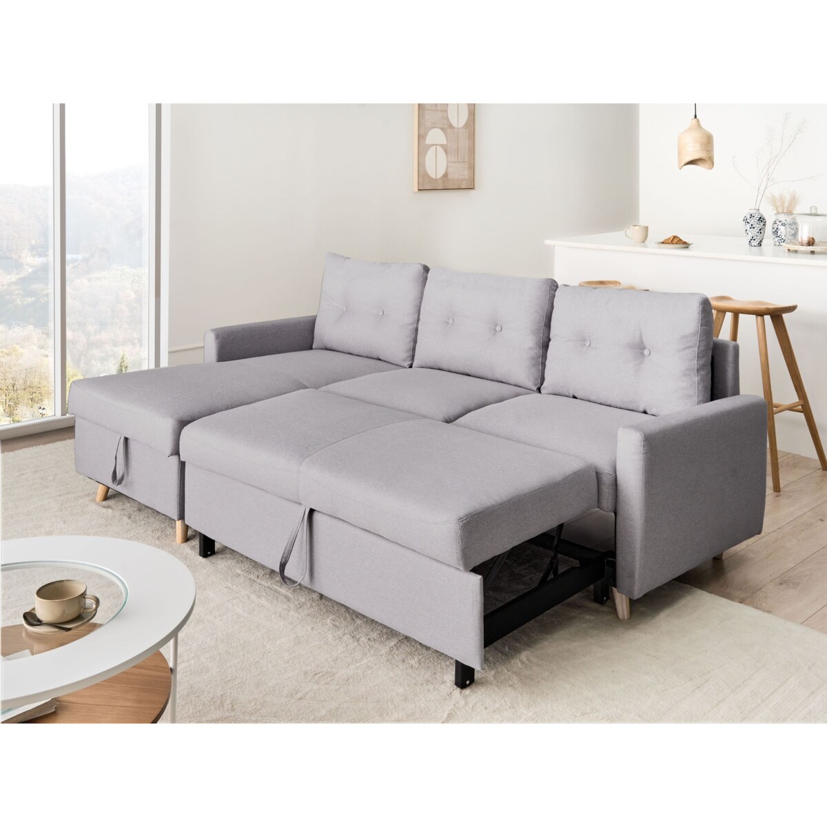 Narożnik rozkładany FLAKK Jasnoszary ze schowkiem dla 4 osób Prawostronny