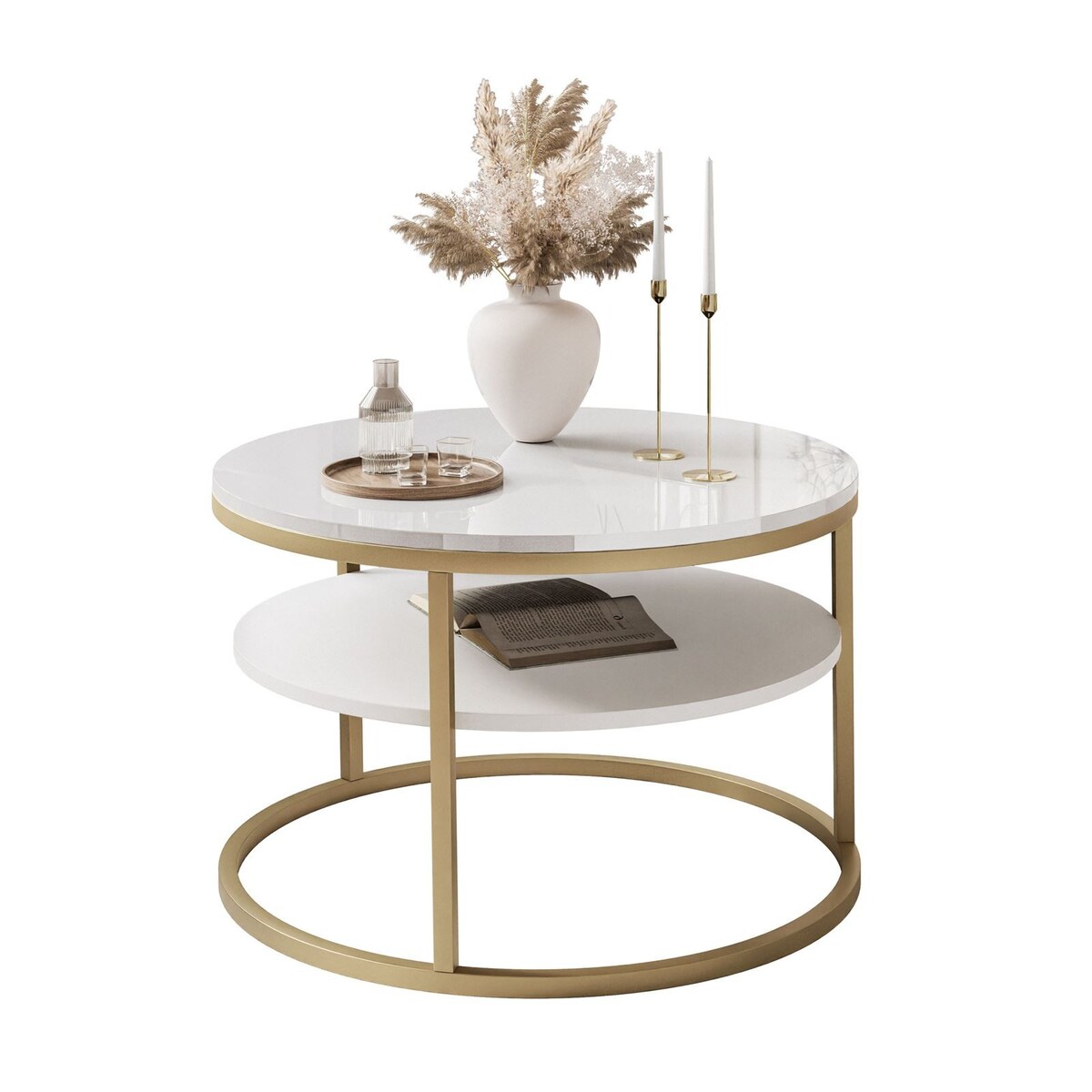 Stolik kawowy CIRI SLIM z półką złoty biały połysk