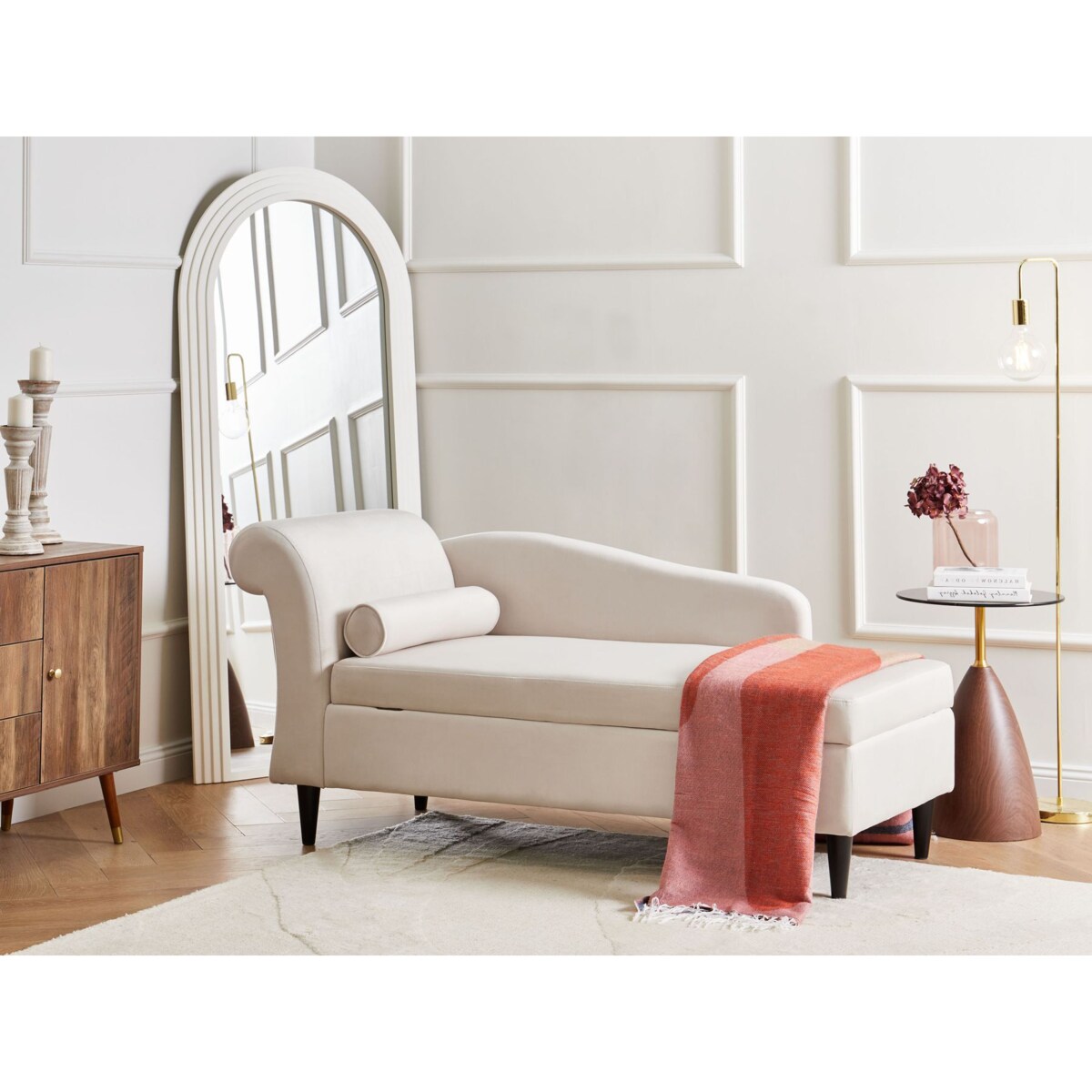 Szezlong lewostronny LUIRO Welur Beżowy ze schowkiem