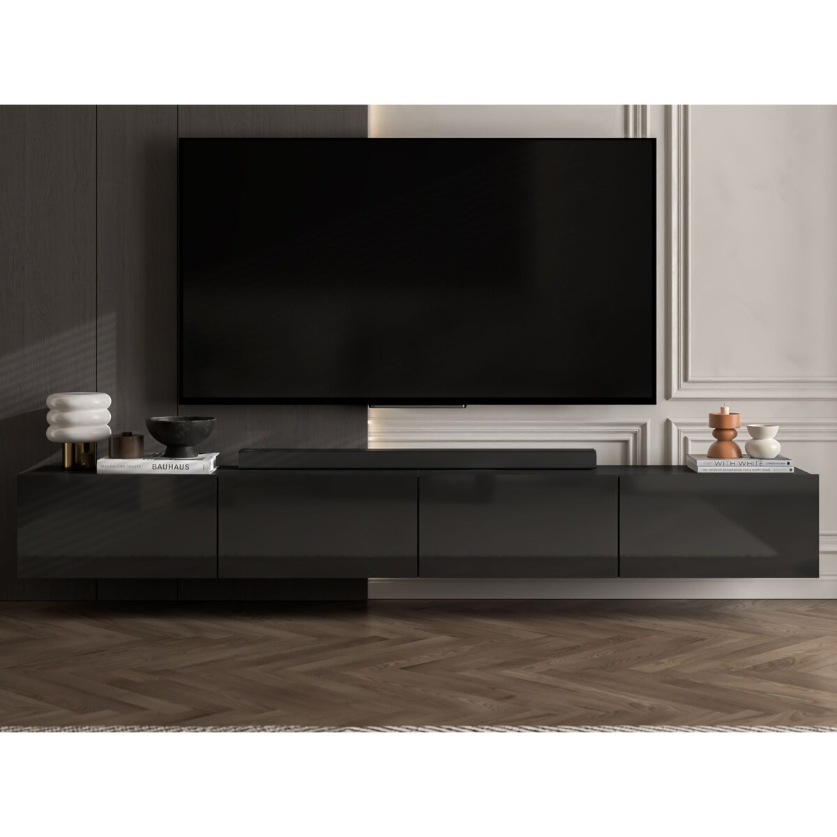 Szafka RTV Glamour Wisząca Komoda RTV Fronty Czarny połysk 240 cm