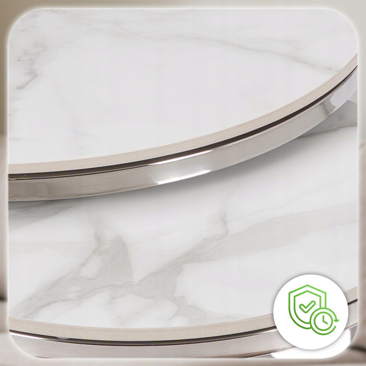 Stolik Kawowy Okrągły Zestaw 2w1 Ława Glamour Marmur Biały Srebrny AMARA