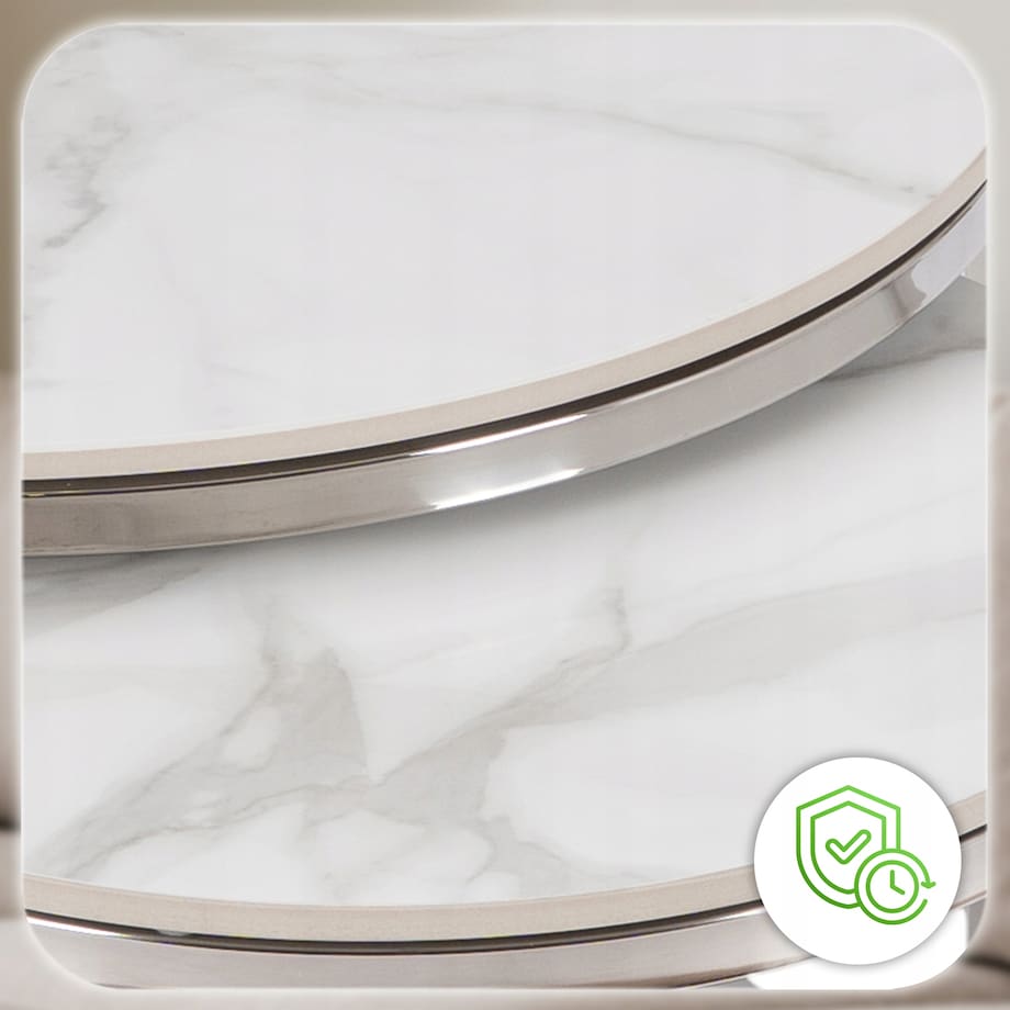 Stolik Kawowy Okrągły Zestaw 2w1 Ława Glamour Marmur Biały Srebrny AMARA