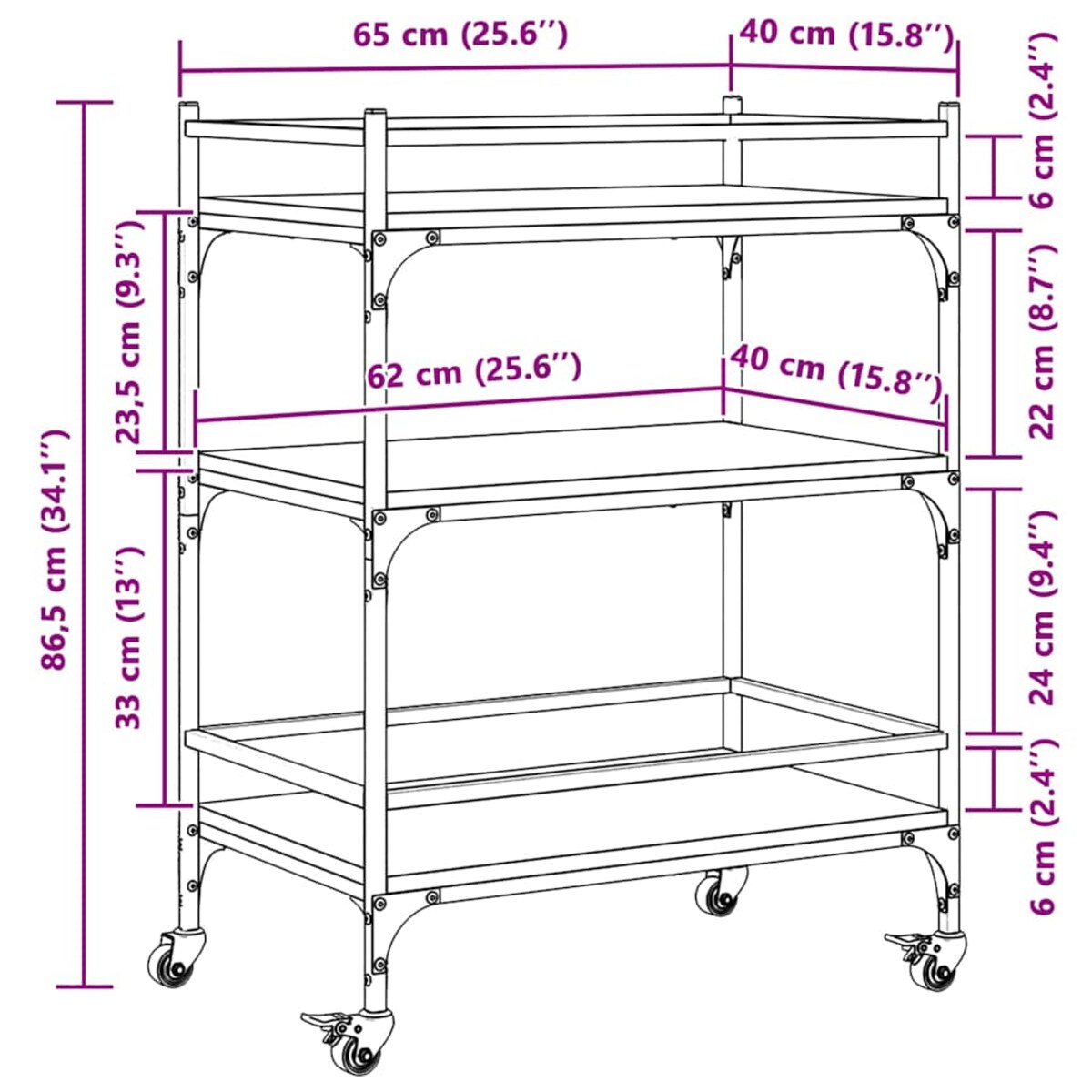 vidaXL Wózek kuchenny, czarny, 65x40x86,5 cm, materiał drewnopochodny