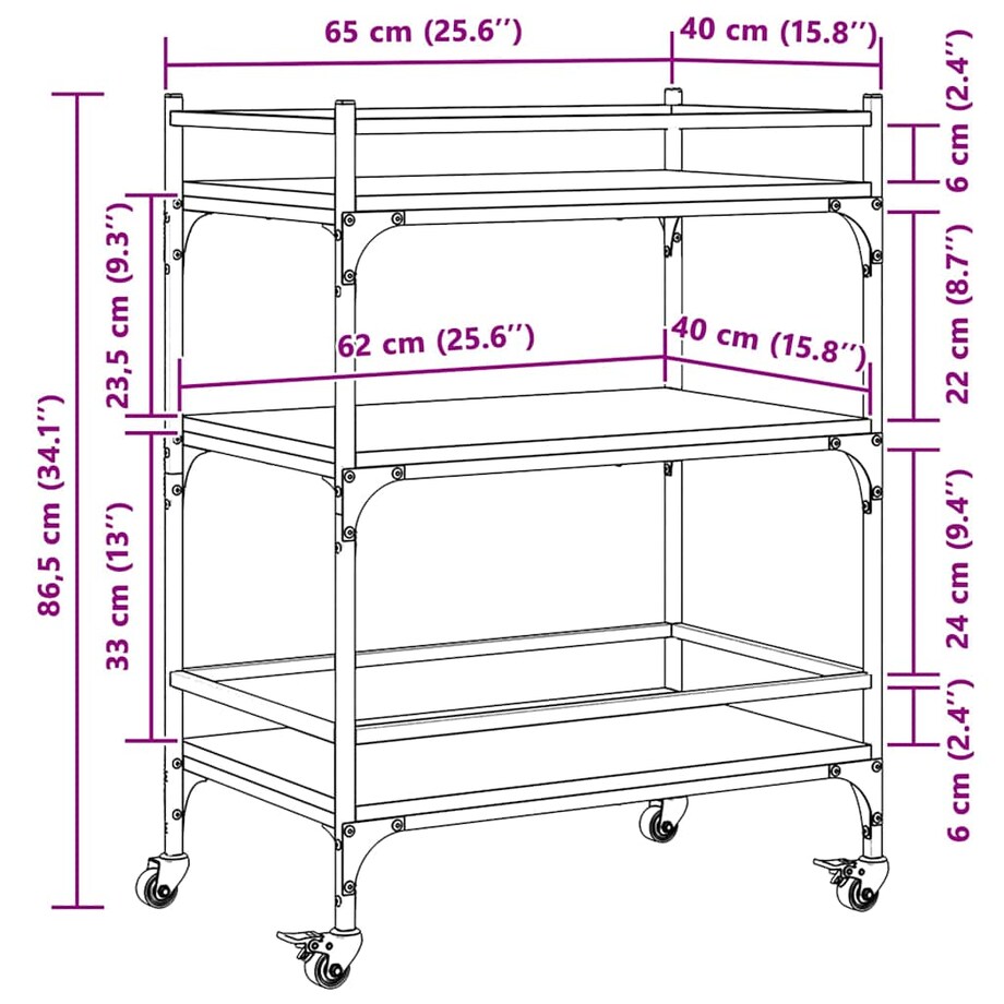 vidaXL Wózek kuchenny, czarny, 65x40x86,5 cm, materiał drewnopochodny