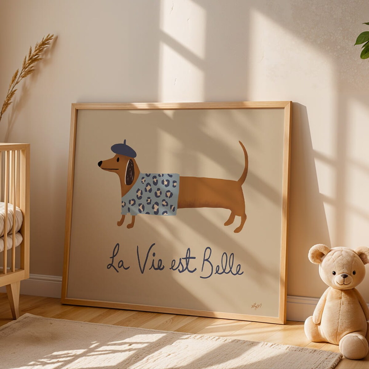 plakat jamnik w niebieskim berecie 70x100