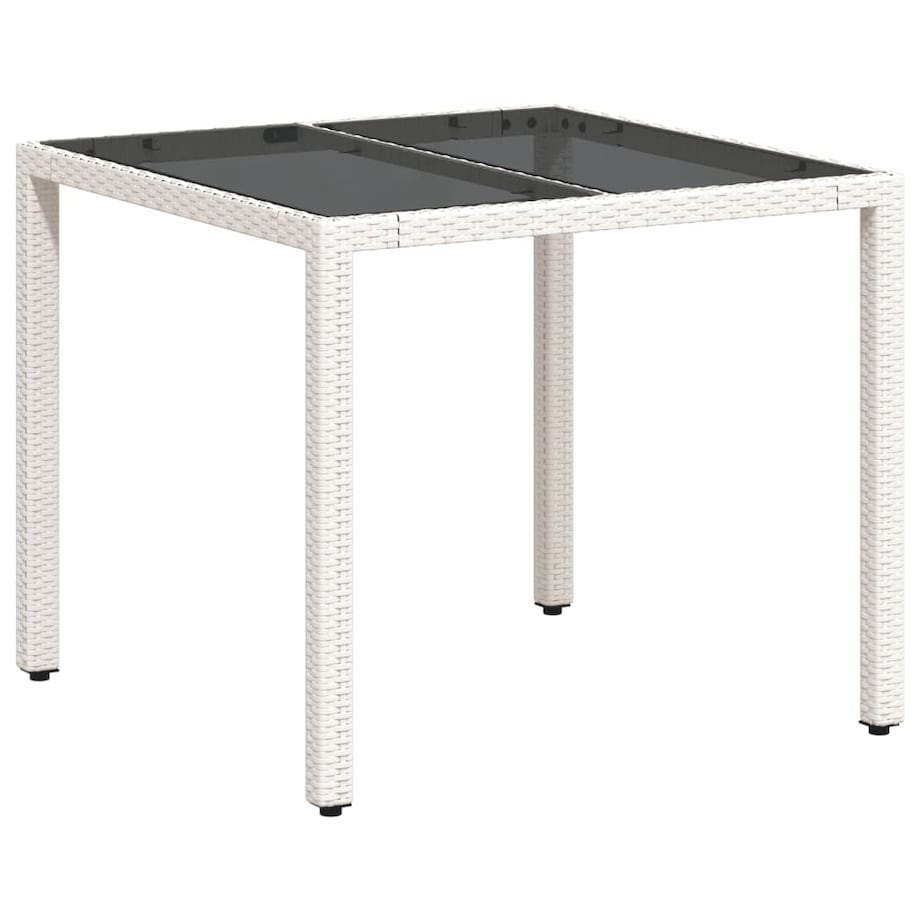 vidaXL Stół ogrodowy ze szklanym blatem, biały 90x90x75 cm, polirattan