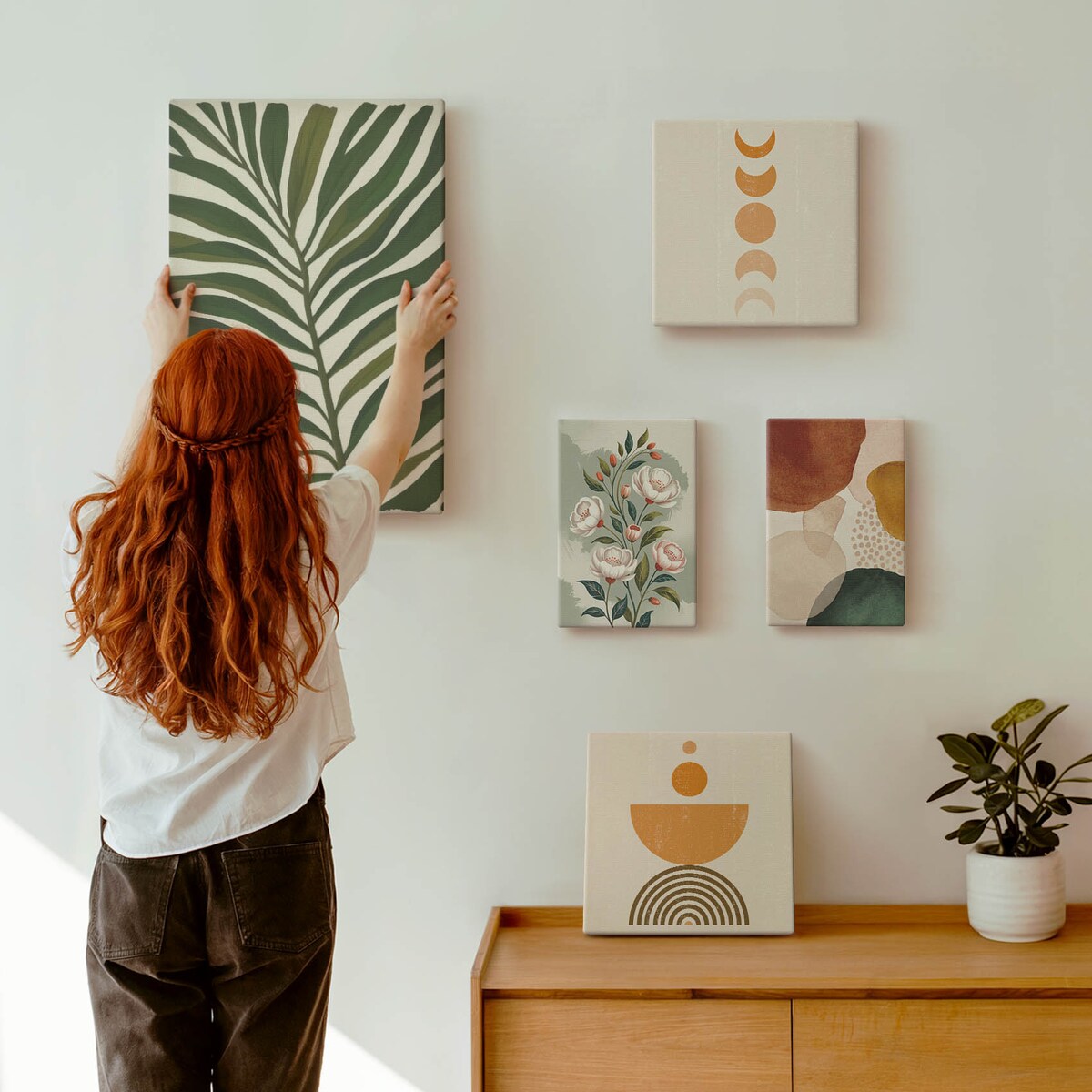 Zestaw 5 obrazów na płótnie - Roślinne wzory boho kształty - zielony