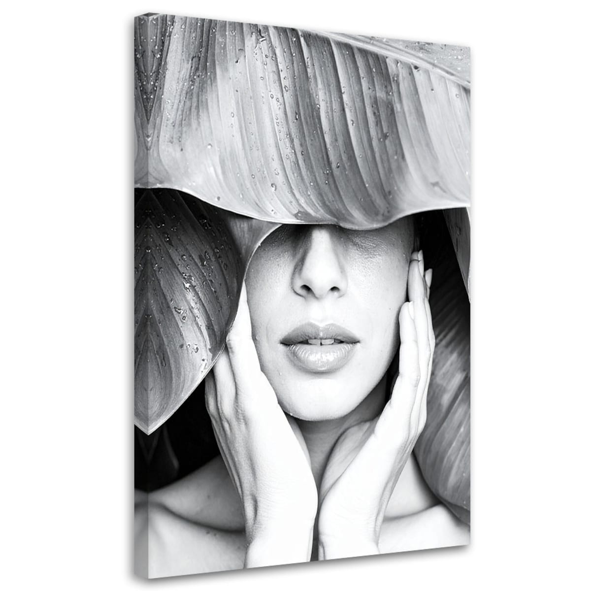 Obraz czarno biały do salonu sypialni, Kobieta i liście na głowie 80x120
