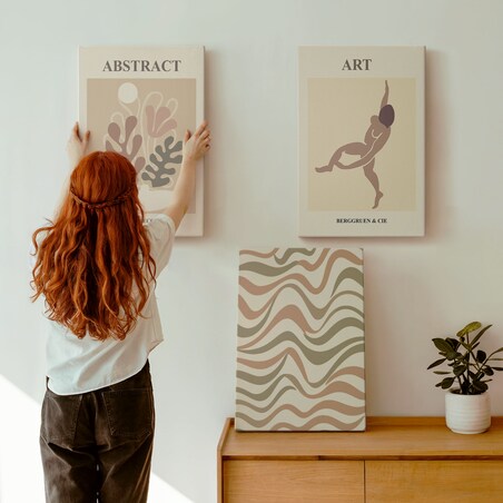 Zestaw 3 dużych obrazów na płótnie - Abstrakcyjne wzory Matisse boho - beżowy