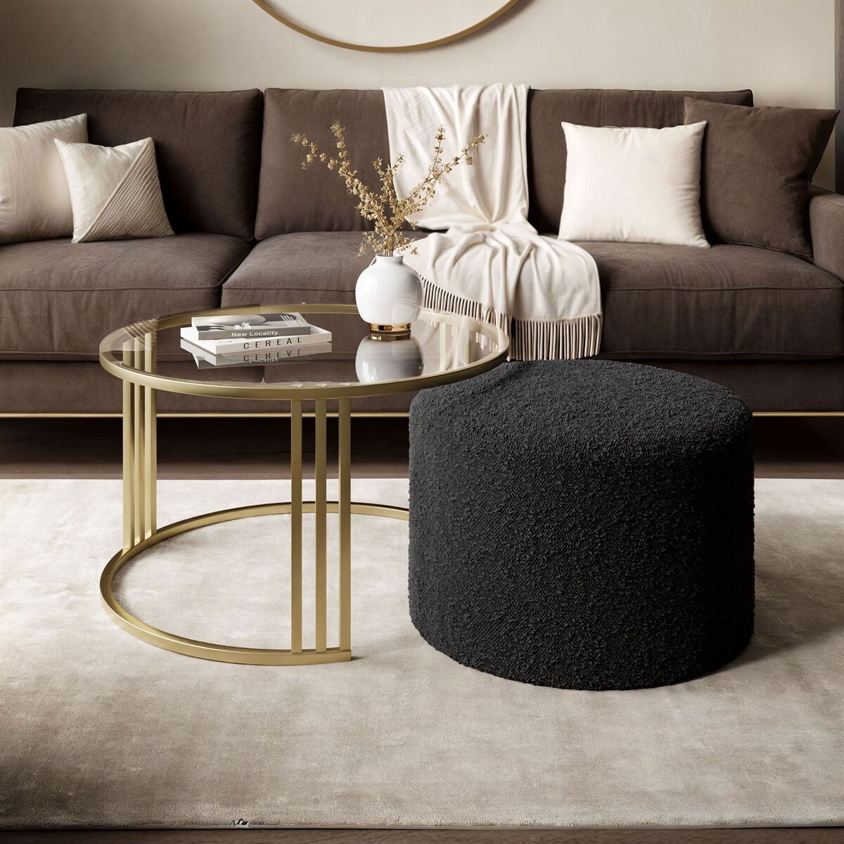 Stolik kawowy z pufą LORI GLASS złoto szczotkowane, przezroczyste szkło / Coral 60