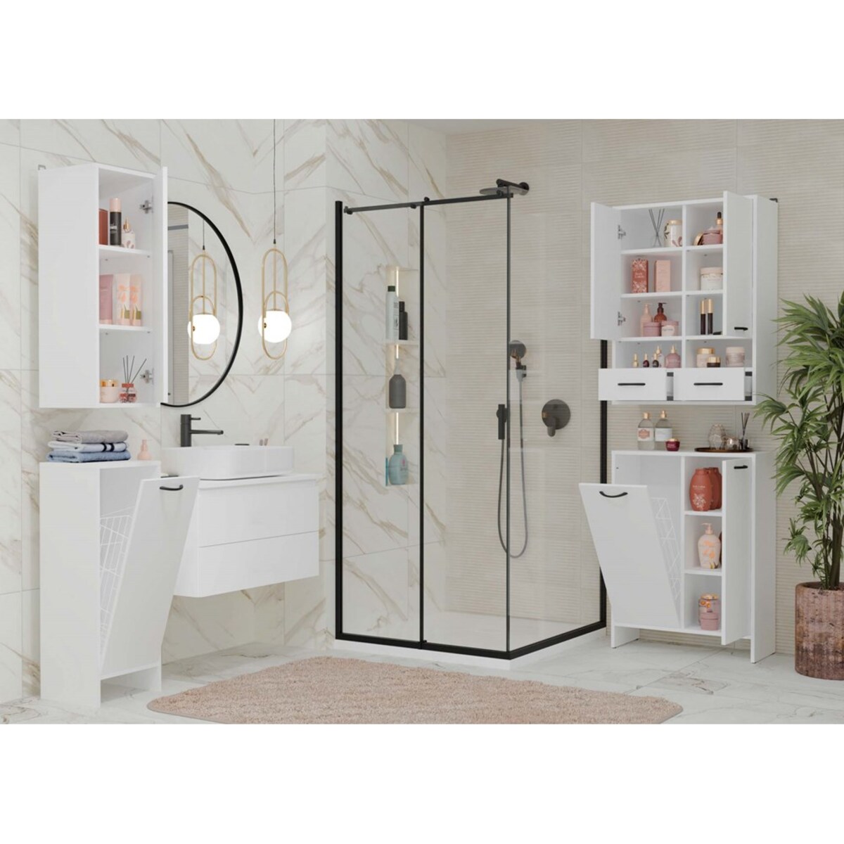 Szafka Łazienkowa NINA 1K BIAŁA 1 Kosz Na Pranie Regał Słupek Do Łazienki