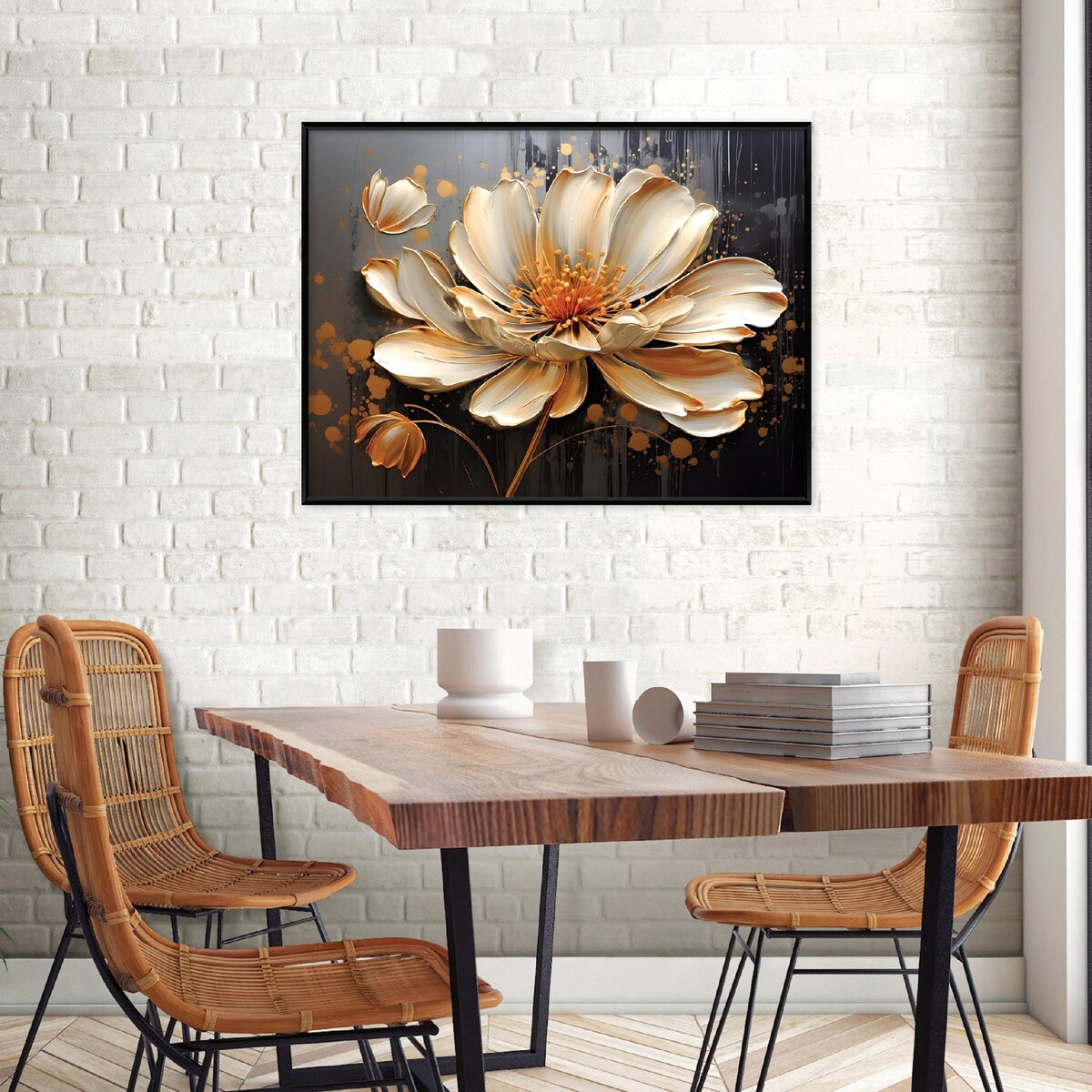 Obraz W Ramie Do Sypialni Salonu Na Płótnie Kwiaty Glamour Złoty 120x80
