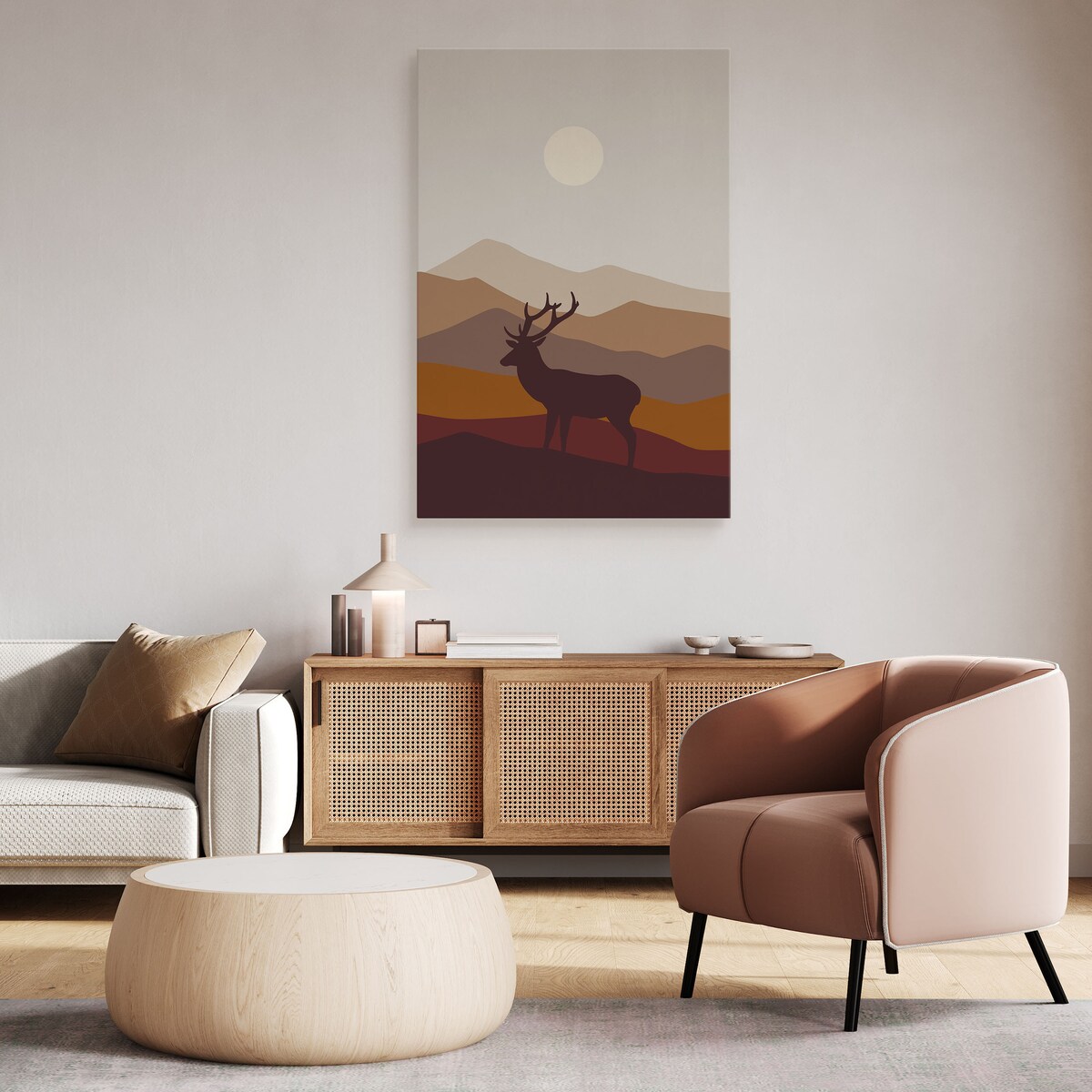 OBRAZ DO SALONU JELEŃ RYKOWISKO GÓRY KRAJOBRAZ STYL BOHO NATURA 30x40cm