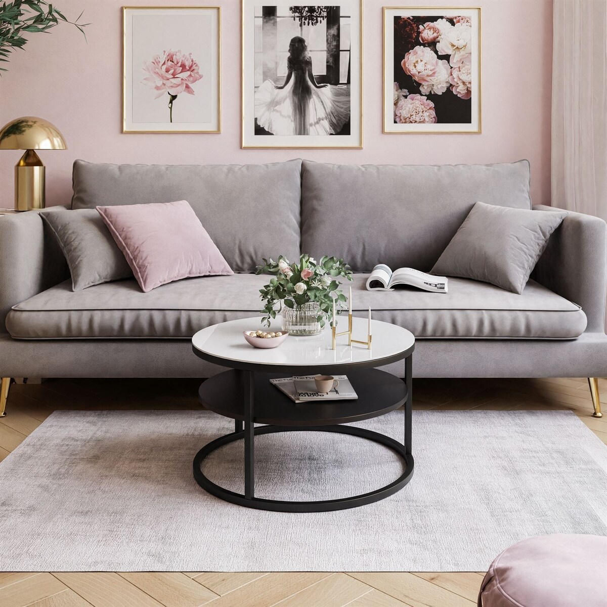 Stolik kawowy CIRI SLIM z półką czarny białe szkło