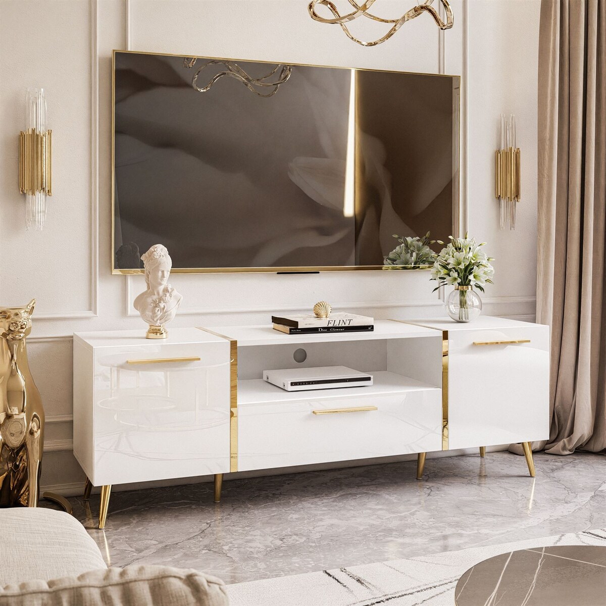 Szafka RTV ONYX na złotych nóżkach wysoki połysk 158 cm, biały połysk, złote uchwyty