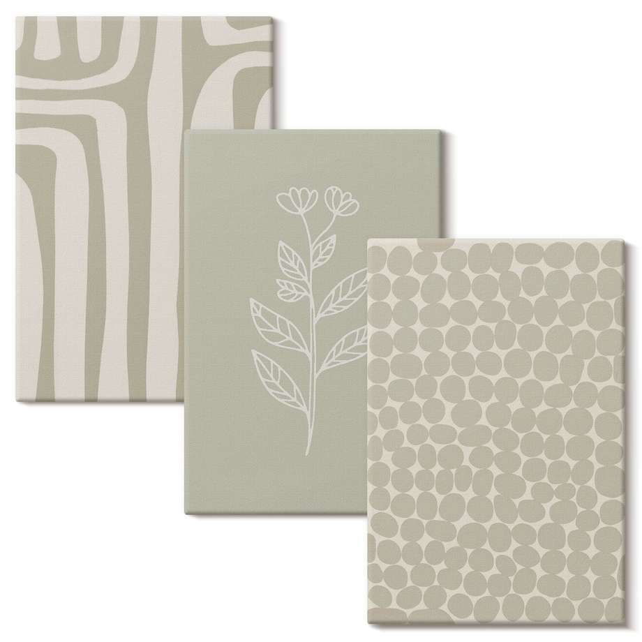 Zestaw 3 małych obrazów na płótnie - Wzory roślinne geometryczne - zielony