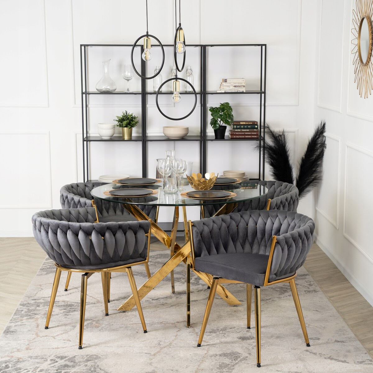 Krzesło Obrotowe Plecione Tapicerowane Welurowe Do Jadalni Szare RUBI