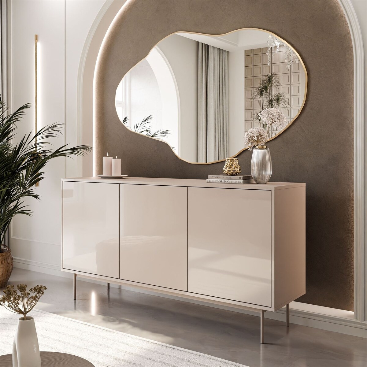 Trzydrzwiowa komoda SANAYI kaszmir połysk, na stelażu