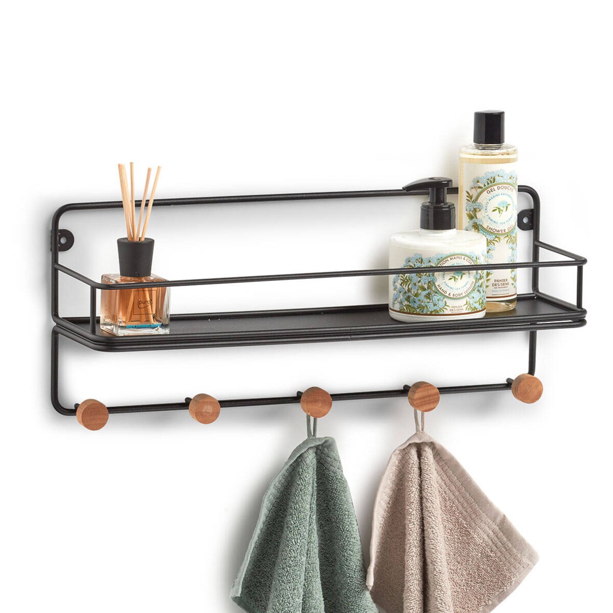 Metalowa półka ścienna z drewnianymi haczykami