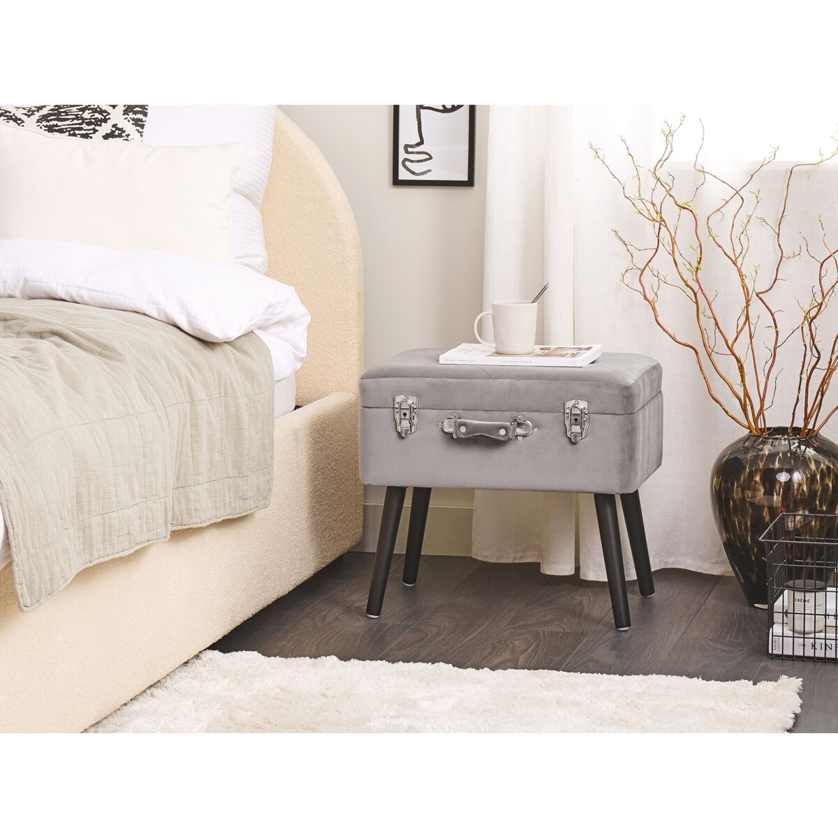 Stołek ze schowkiem welurowy szary MALLARD