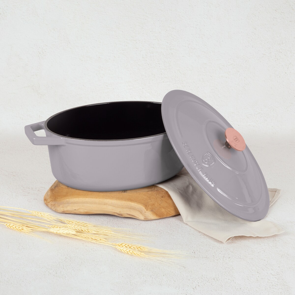 Garnek żeliwny owalny 4,65l z pokrywką 30cm Berlinger Haus Taupe BH-6541