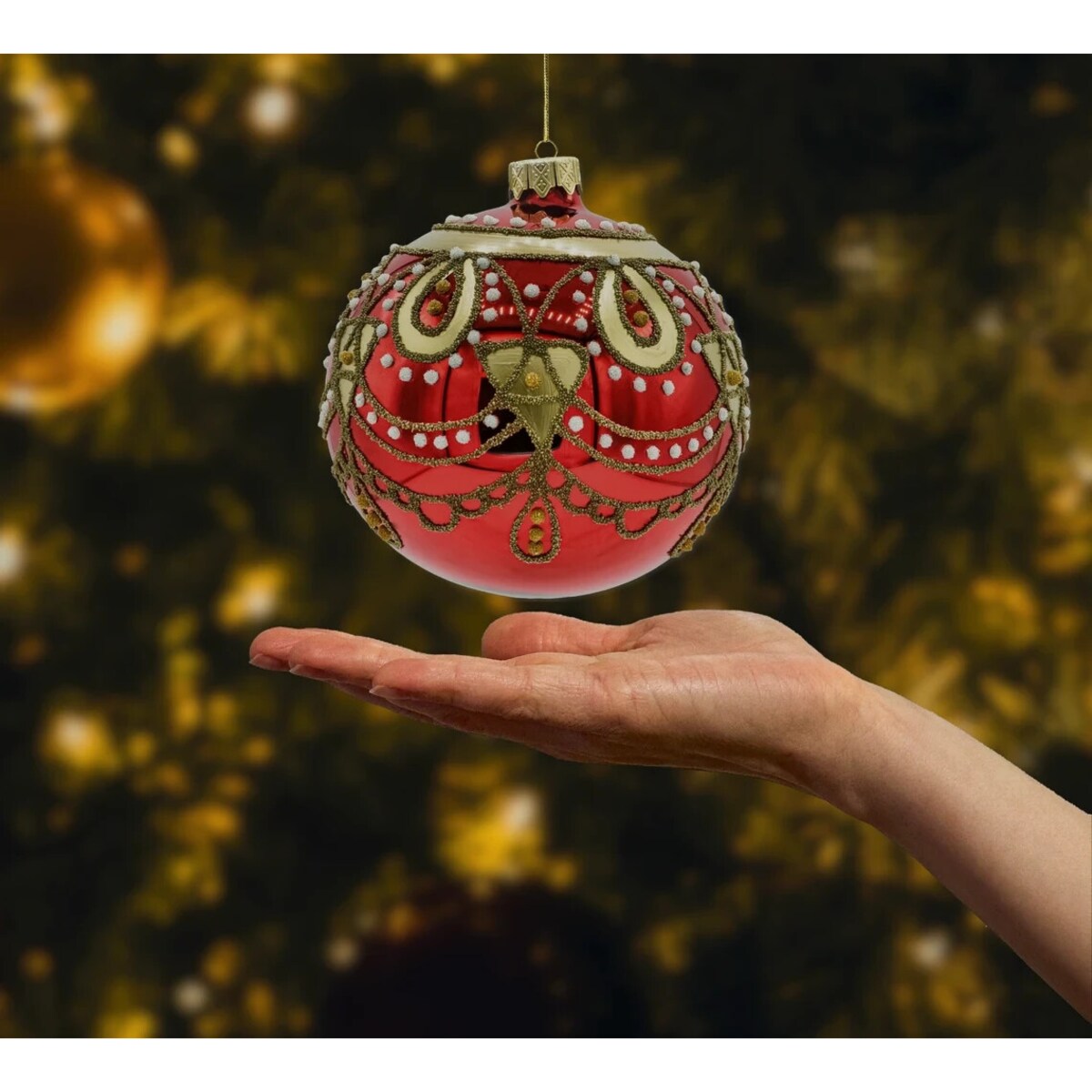 Bombki czerwone ze złotym ornamentem i kryształkami