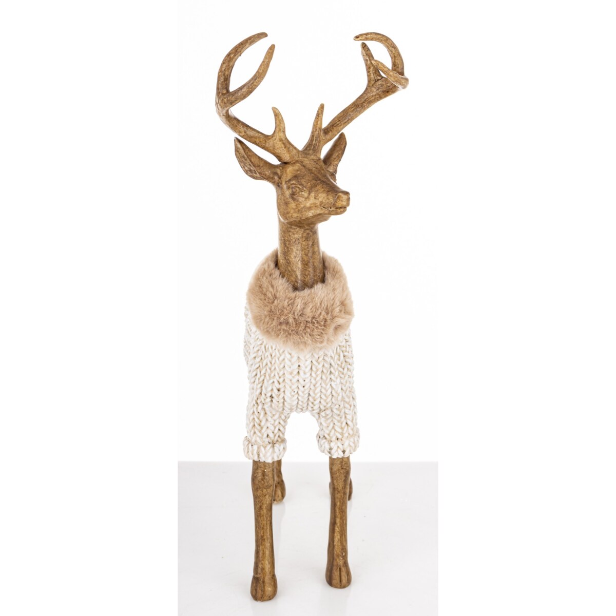 Figurka - stojący jeleń 30,5x19x9,5 cm HJORT brązowy w białym swetrze