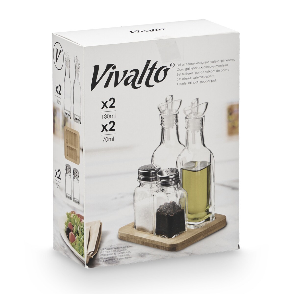 Zestaw do przypraw i oleju z drewnianą podstawą, 4 elementy