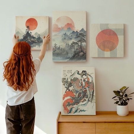 Zestaw 4 obrazów na płótnie - Azjatyckie pejzaże japandi - beżowy