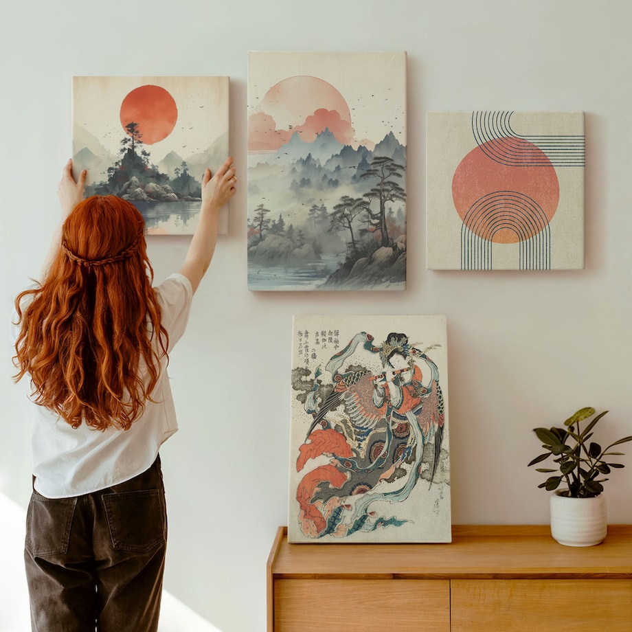 Zestaw 4 obrazów na płótnie - Azjatyckie pejzaże japandi - beżowy