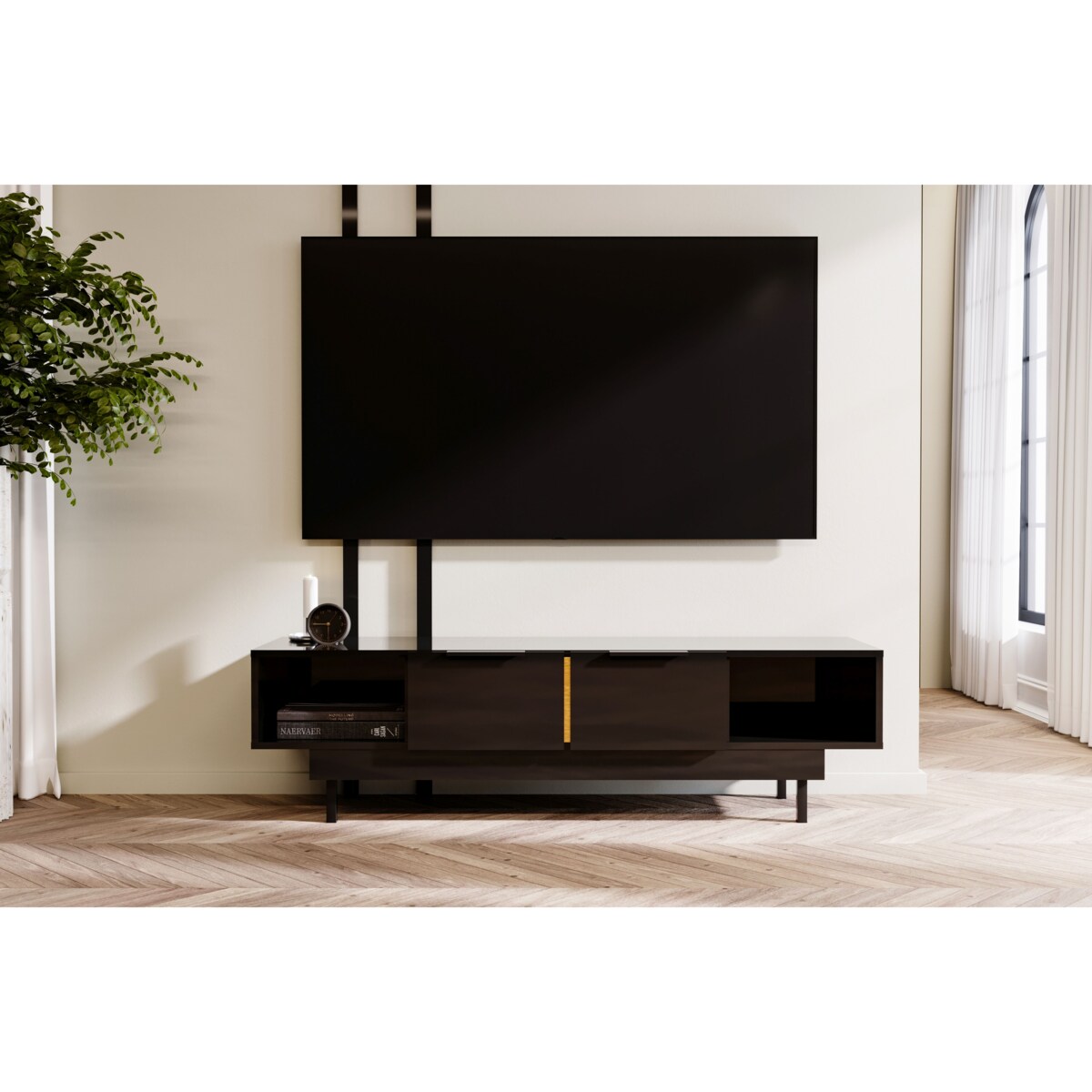 Elegancka czarna komoda RTV Dancan ARTEMISA ze złotymi dodatkami