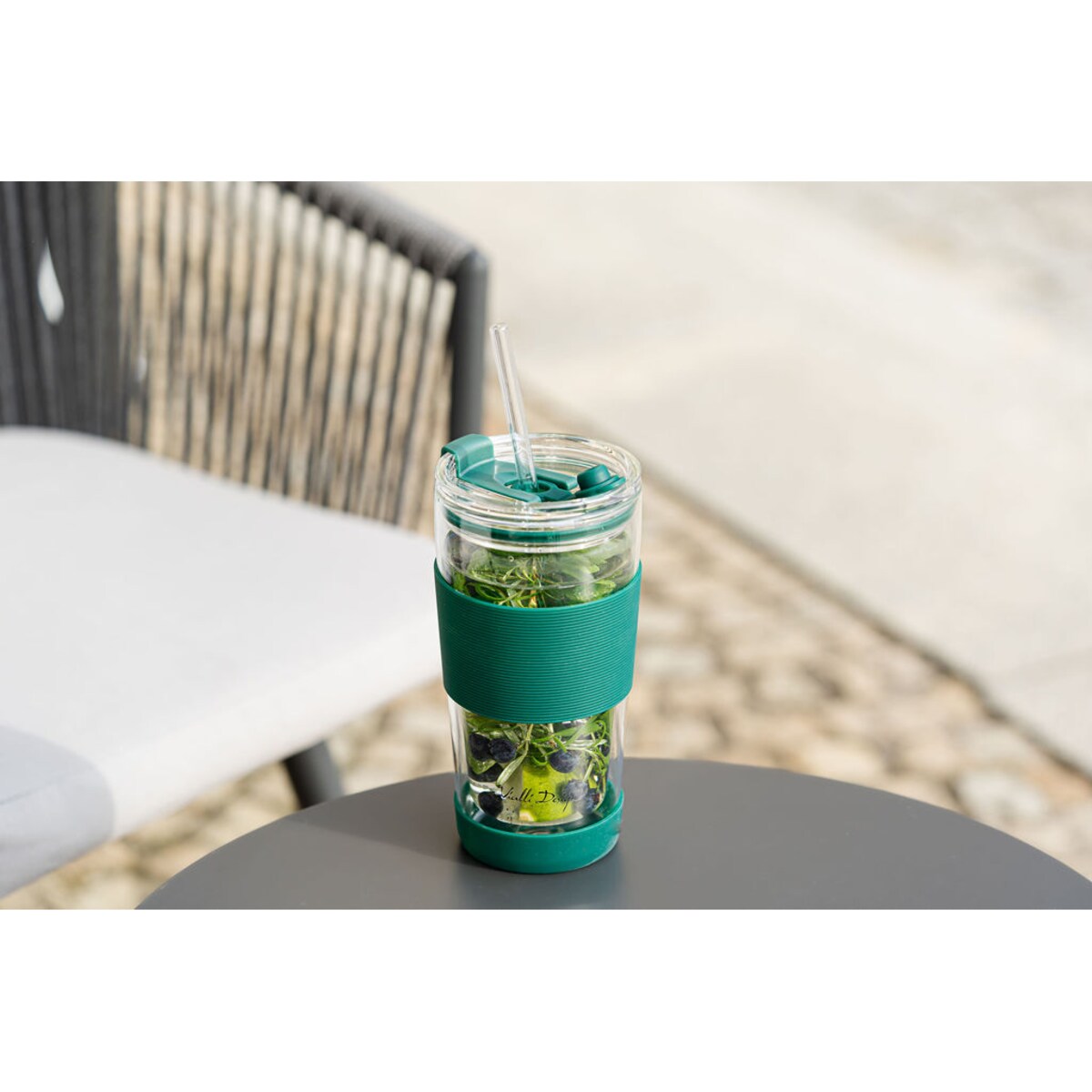 Kubek termiczny szklany ze słomką 600 ml zielony Fuori 30398