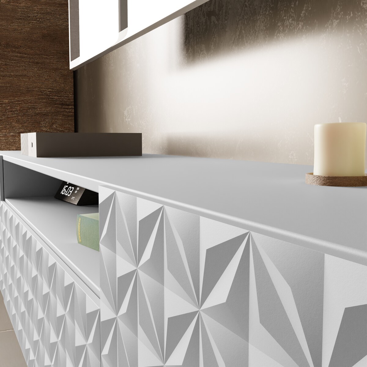 Szafka RTV ALI 200 cm, wisząca, z ozdobnymi frontami, pod telewizor- biała