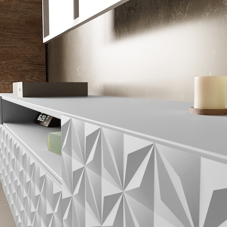 Szafka RTV ALI 200 cm, wisząca, z ozdobnymi frontami, pod telewizor- biała