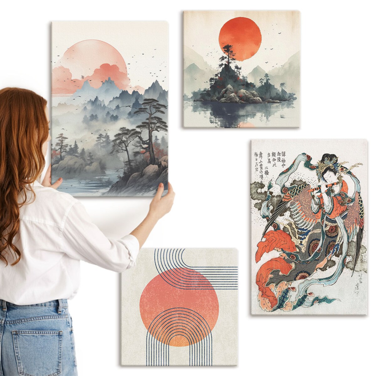 Zestaw 4 obrazów na płótnie - Azjatyckie pejzaże japandi - beżowy