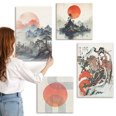 Zestaw 4 obrazów na płótnie - Azjatyckie pejzaże japandi - beżowy