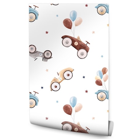 Tapeta Dziecięca Retro SAMOCHODY Baloniki Gwiazdki