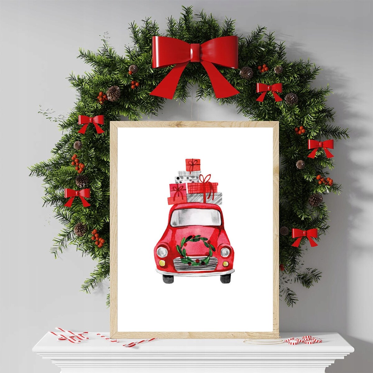 Poster Story, Plakat, Obraz - Czerwony Samochód z Prezentami, wymiary 60 x 84 cm