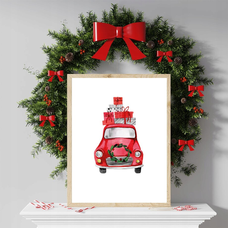 Poster Story, Plakat, Obraz - Czerwony Samochód z Prezentami, wymiary 60 x 84 cm