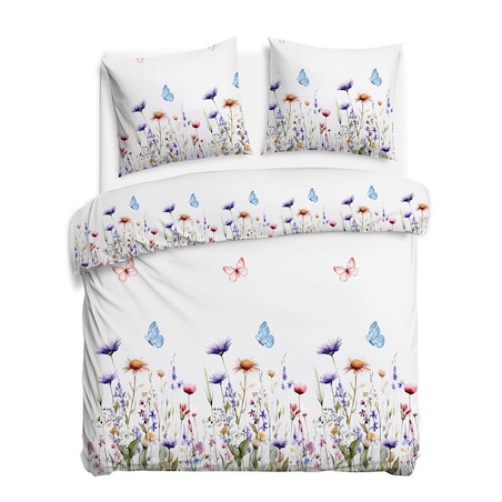 Pościel flanelowa 180x200 Florina Snow biała z kolorowymi kwiatami, Flanelove