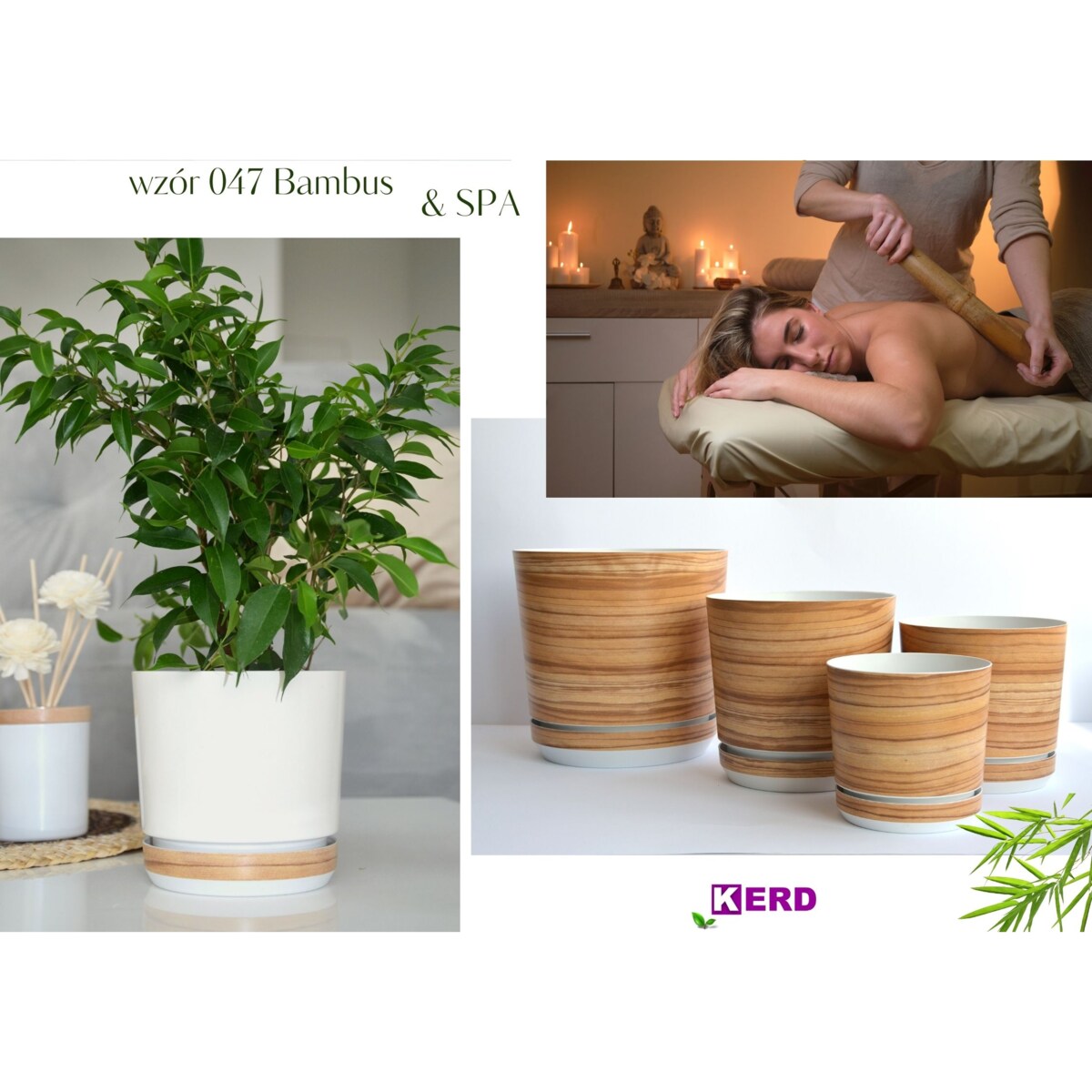 14 cm wzór BAMBUS * Doniczka z podstawką drewnopodobna imitacj deski drewna styl naturalny skandynawski
