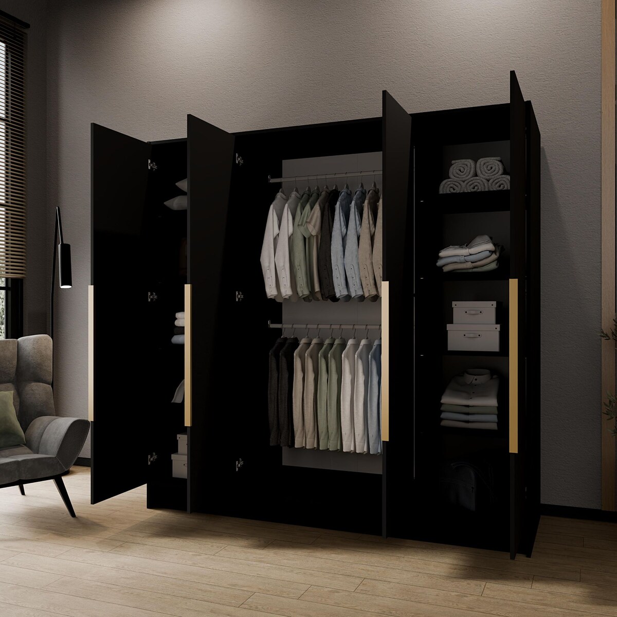 Szafa 200 gładka ORTO bez lustra ze złotymi uchwytami, czarna