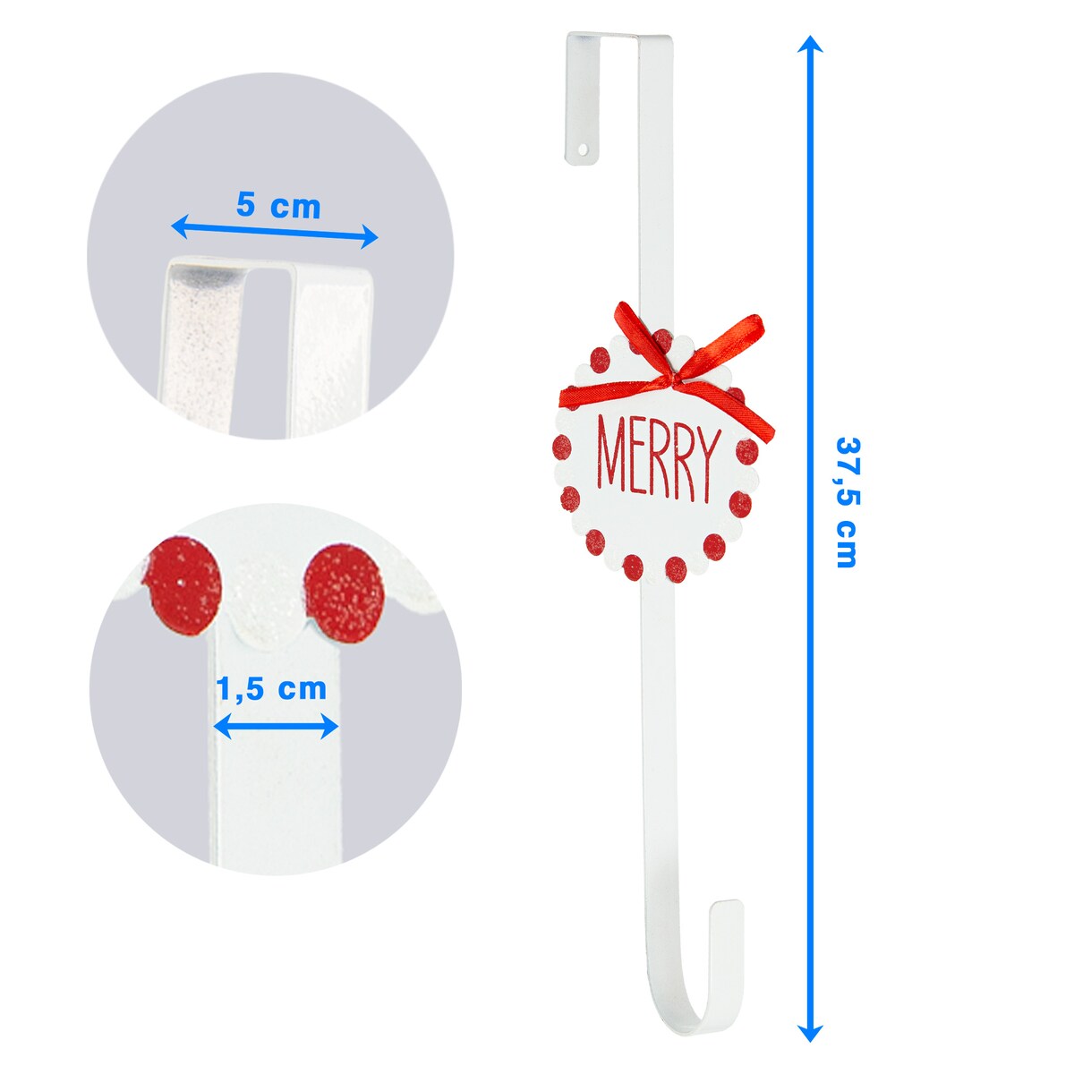 Wieszak Na Wianek Drzwi Na Ozdoby 37,5 Cm Świąteczny Boże Narodzenie Biały Z Kokardą