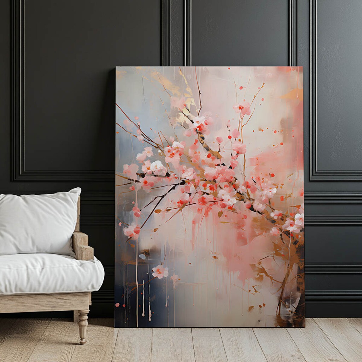 Kwitnąca Wiśnia: Symfonia Różu i Złota, 50x70 cm, bez ramy, płótno premium na blejtramie