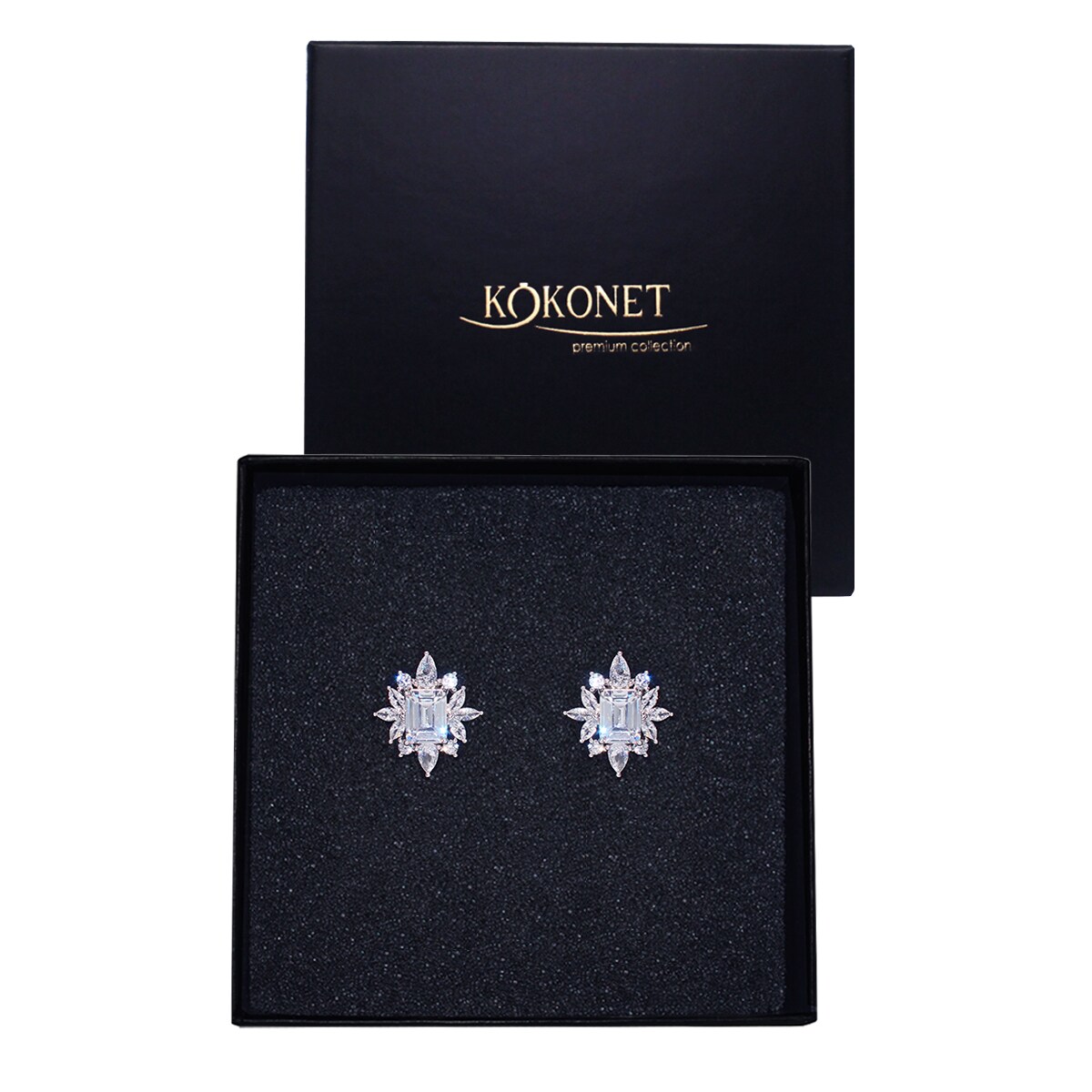 Kolczyki przy uchu z rozetą ŚLUBNE srebrne kwadraty listki sztyfty błyszczą