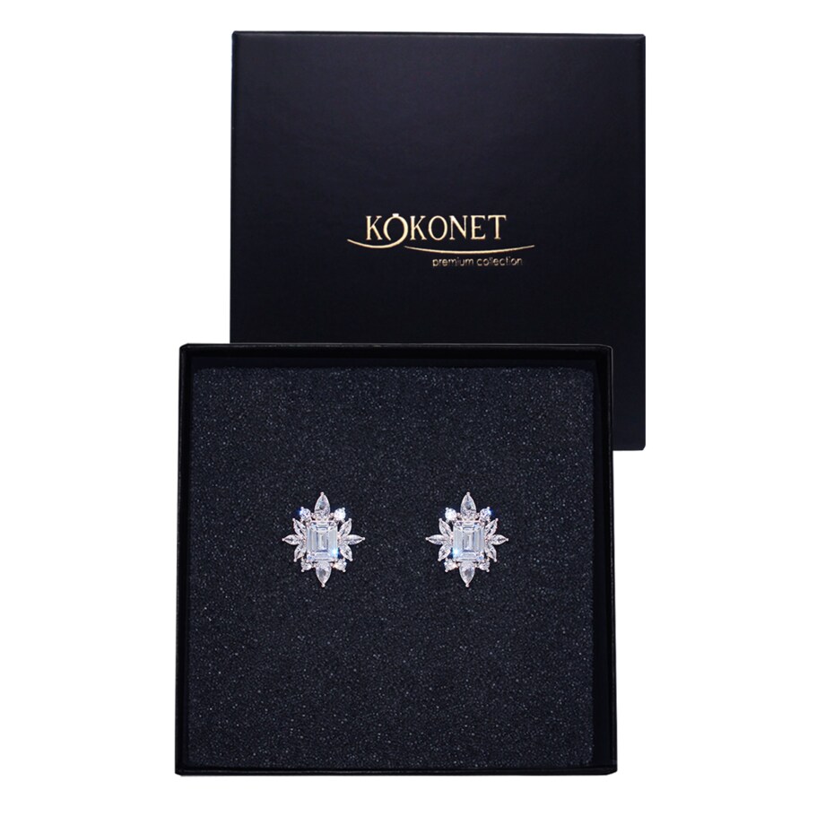 Kolczyki przy uchu z rozetą ŚLUBNE srebrne kwadraty listki sztyfty błyszczą