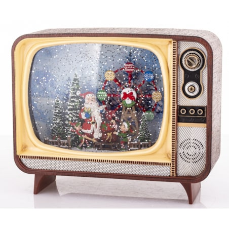 Dekoracja świąteczna - Telewizor z Mikołajem i kołem młyńskim 17,5x21x12 cm LED i pozytywką