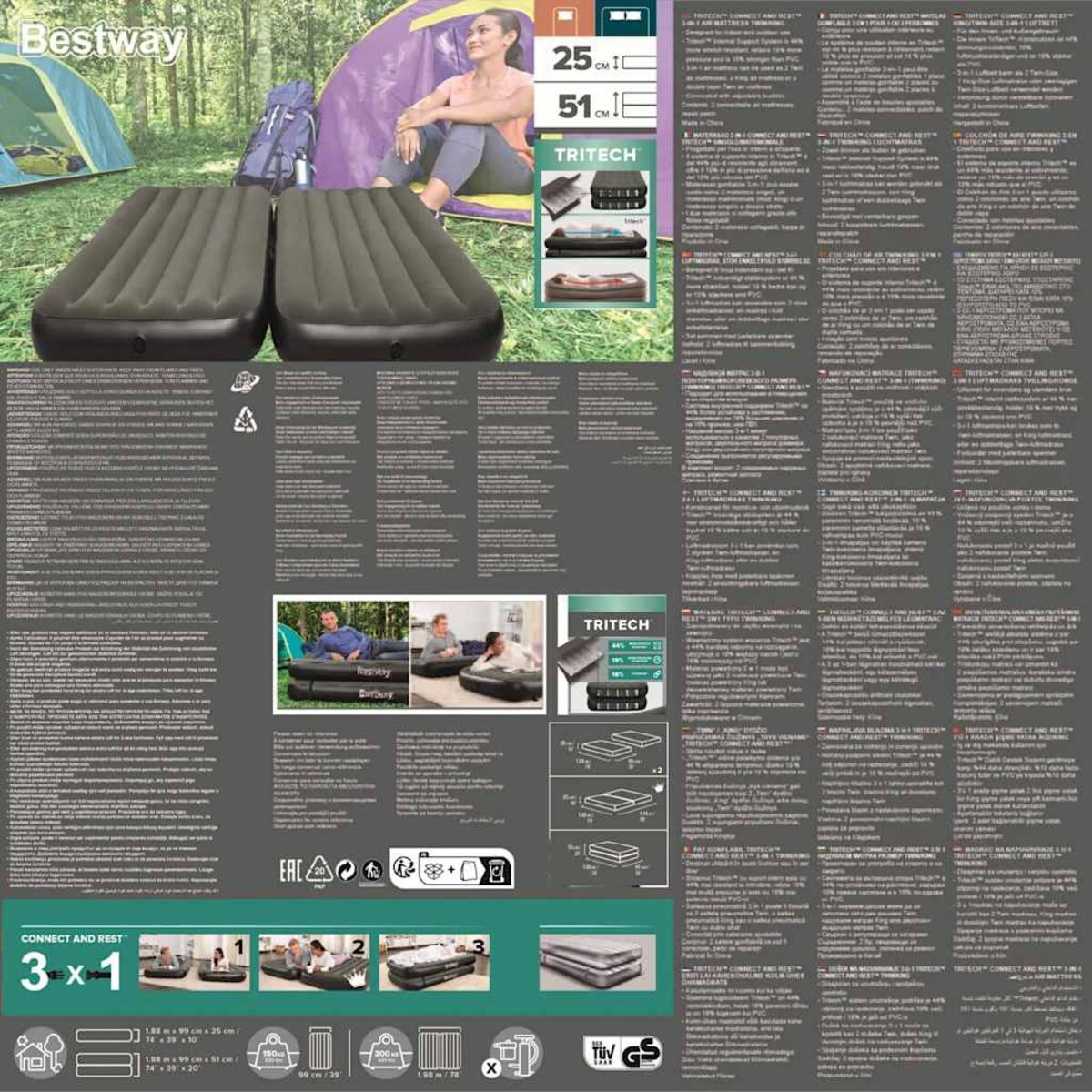 Bestway Nadmuchiwany materac 3-w-1, czarno-szary, 188x99x25 cm